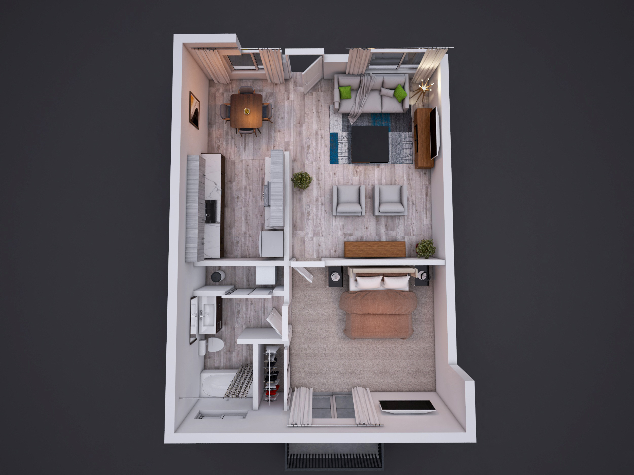 Floor plan for 1 bed, 1 bath, 682 sqft